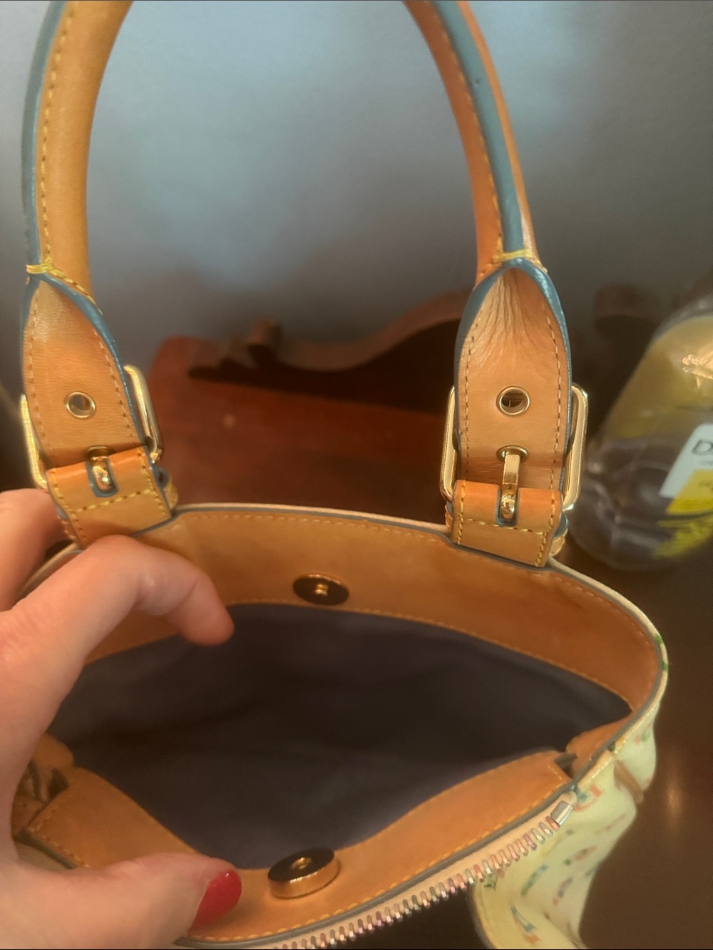 Dooney & Bourke Cream Multicolor Logo Tote with Tan Trim - Picture 5 of 7